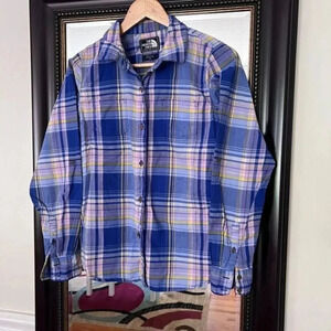The North Face Blue and Yellow Plaid Casual Button Down Shirt